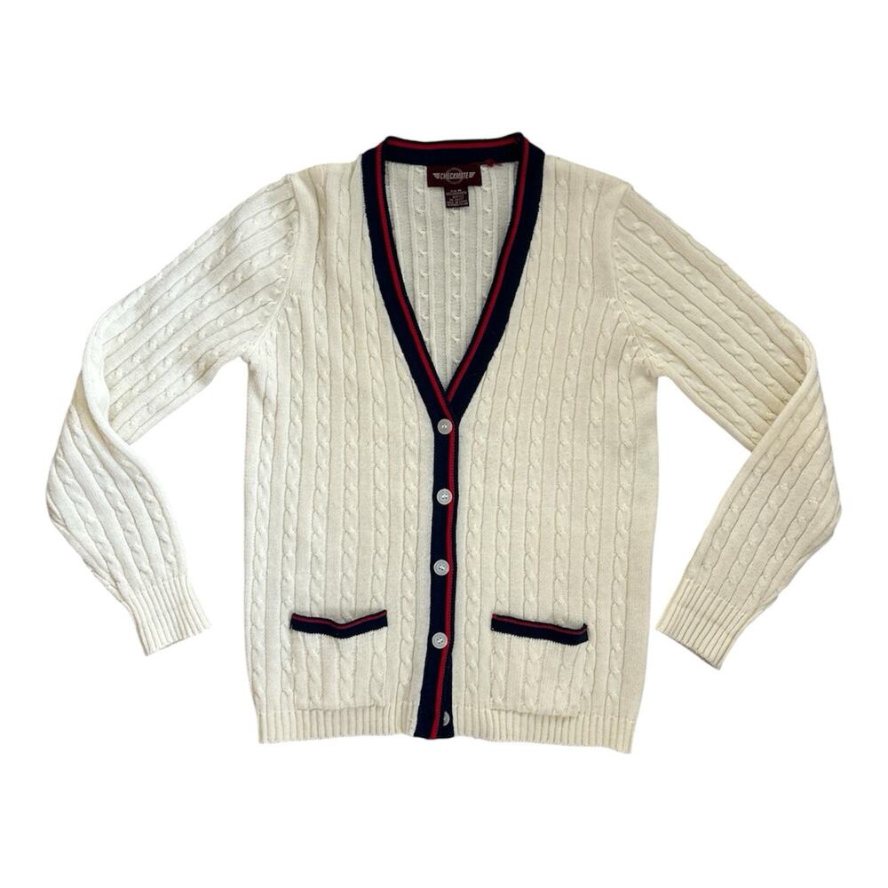 Vintage Checkmate Womens Cream Cardigan with Red and Blue Detail Size Medium